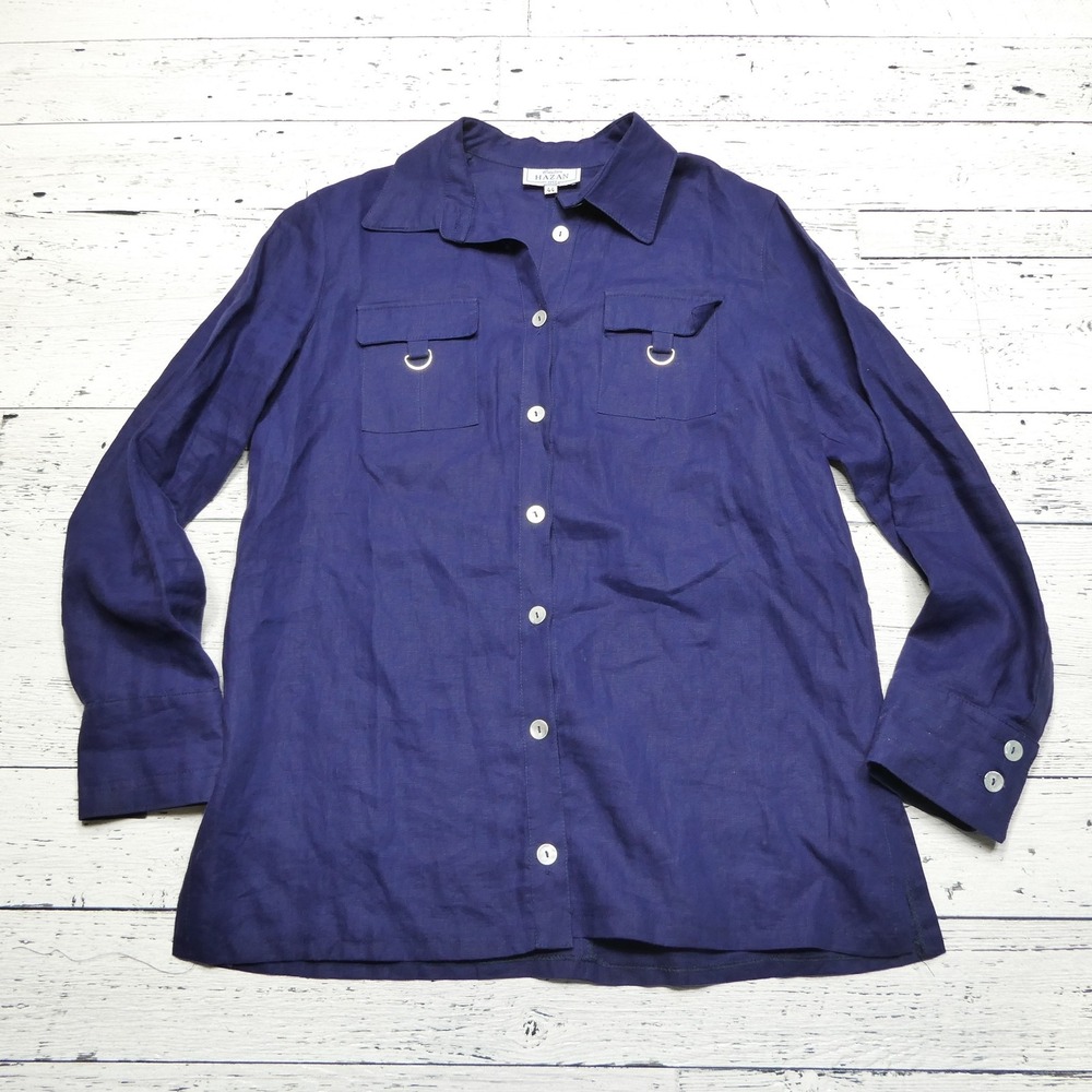Creation Hazan‎ Shirt Womens 44 Blue Linen Button Front Long Sleeve Classic Top